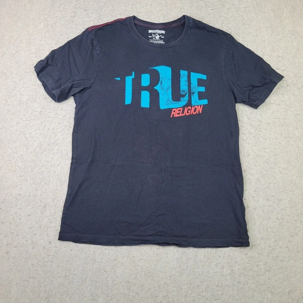 True Religion World‎ Tour T Shirt Mens L Black Short Sleeve Blue Logo Spellout